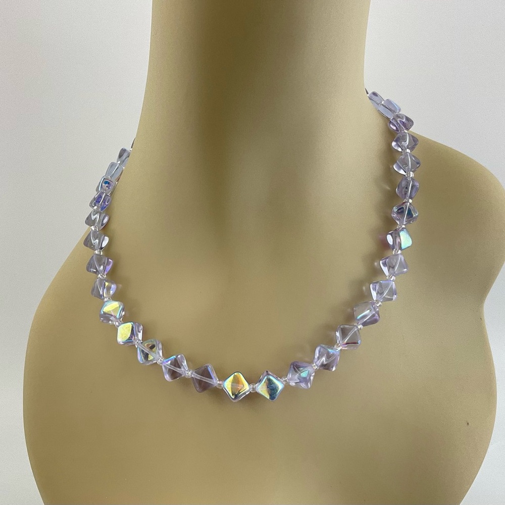 Aurora Borealis, Lavender Beads Necklace, Glass Squares, Colorful, Dainty